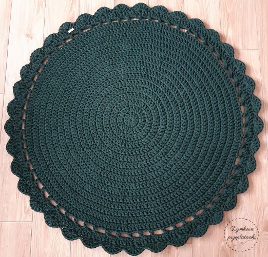 okrągły dywan ze sznurka bawełnianego 5 mm, wykonany ręcznie na szydełku, kolor butelkowa zieleń