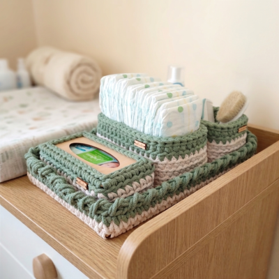 zestaw koszyków organizerów ze sznurka bawełnianego, na kosmetyki dla dzieci